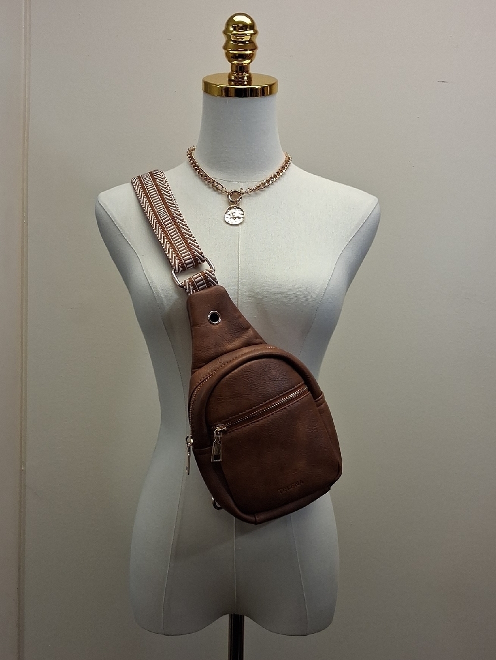 Talena Brown Leather Sling Crossbody Bag Multi Pocket OS